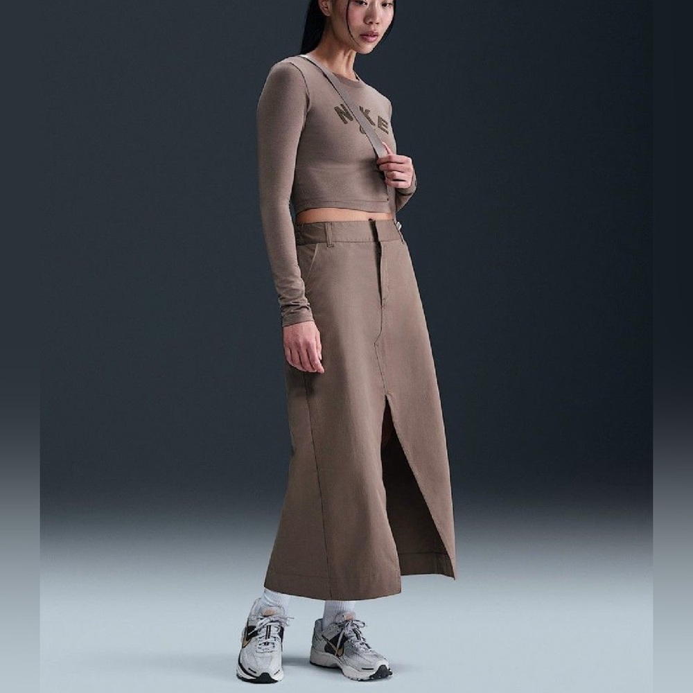 Nike Sportswear Collection Twill Brown Midi Skirt For Women HQ8022-233 SIZE S